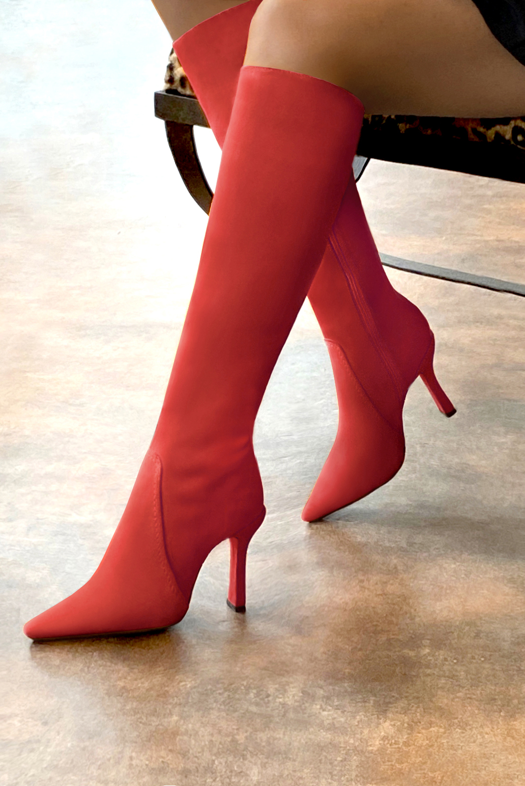 French elegance and refinement for these scarlet red feminine knee-high boots, 
                available in many subtle leather and colour combinations. Record your foot and leg measurements.
We will adjust this pretty boot with zip to your measurements in height and width.
You can customise your boots with your own materials, colours and heels on the 'My Favourites' page.
To style your boots, accessories are available from the boots page.
For fans of the pointy model, and the tapered leg. 
                Made to measure. Especially suited to thin or thick calves.
                Matching clutches for parties, ceremonies and weddings.   
                You can customize these knee-high boots to perfectly match your tastes or needs, and have a unique model.  
                Choice of leathers, colours, knots and heels. 
                Wide range of materials and shades carefully chosen.  
                Rich collection of flat, low, mid and high heels.  
                Small and large shoe sizes - Florence KOOIJMAN
